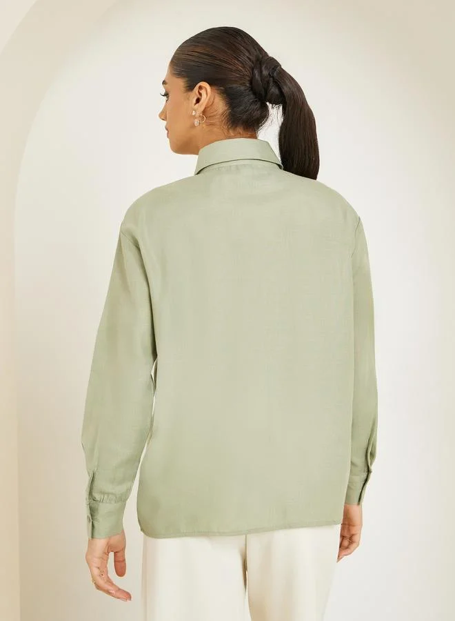 Styli Women Green Floral Embroidered Long Sleeve Shirt